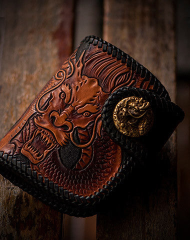 Handmade biker wallet chinese dragon brown black leather carved trucker wallet chain for men - EverHandmade