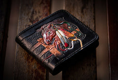 Handmade men billfold wallet black coffee leather horse carved billfold wallet for men - EverHandmade