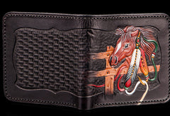 Handmade men billfold wallet black coffee leather horse carved billfold wallet for men - EverHandmade