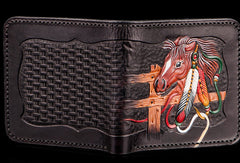 Handmade men billfold wallet black coffee leather horse carved billfold wallet for men