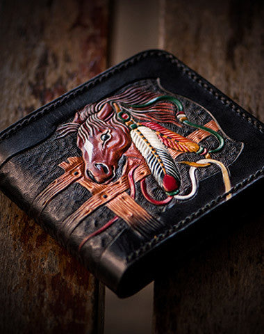 Handmade men billfold wallet black coffee leather horse carved billfold wallet for men - EverHandmade