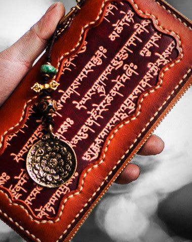Handmade leather Tibetan scriptures biker wallet clutch zip long wallet brown leather men phone - EverHandmade