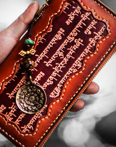 Handmade leather Tibetan scriptures biker wallet clutch zip long wallet brown leather men phone