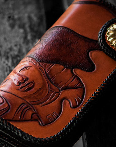 Handmade leather biker chain wallet Tooled Buddha wallet for men - EverHandmade