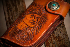 Handmade brown coffee leather indian carved biker wallet Long wallet clutch for men