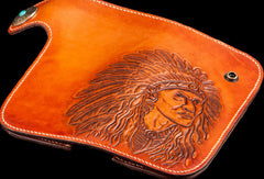 Handmade brown coffee leather indian carved biker wallet Long wallet clutch for men
