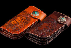 Handmade brown coffee leather indian carved biker wallet Long wallet clutch for men