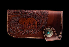 Handmade brown coffee leather indian carved biker wallet Long wallet clutch for men