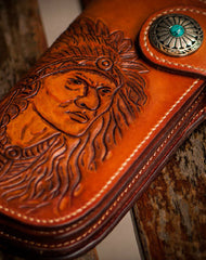 Handmade brown coffee leather indian carved biker wallet Long wallet clutch for men