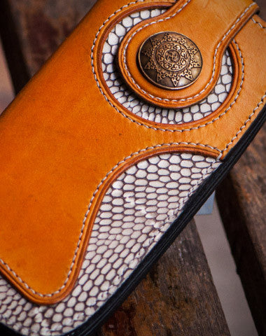 Handmade leather biker trucker wallet Brown boa skin leather chain men wallet - EverHandmade