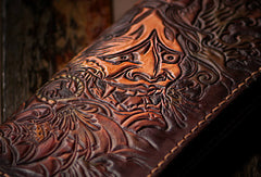 Handmade black brown coffee leather prajna carved biker wallet Long wallet clutch for men