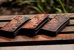 Handmade black brown coffee leather prajna carved biker wallet Long wallet clutch for men