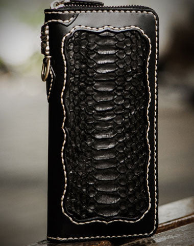 Handmade leather raw python skin biker wallet long wallet black leather chain wallet for men