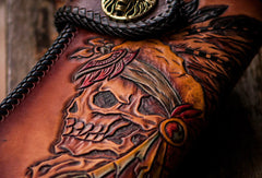 Handmade leather brown indian skull carved biker wallet bifold long wallet for men