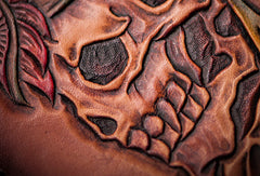 Handmade leather brown indian skull carved biker wallet bifold long wallet for men
