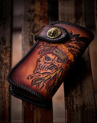 Handmade leather brown indian skull carved biker wallet bifold long wallet for men