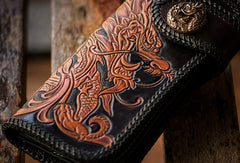Handmade black brown leather floral Chinese dragon carved biker wallet Long wallet for men - EverHandmade