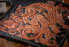 Handmade black brown leather floral Chinese dragon carved biker wallet Long wallet for men - EverHandmade