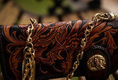Handmade black brown leather floral Chinese dragon carved biker wallet Long wallet for men - EverHandmade