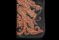 Handmade black brown leather floral Chinese dragon carved biker wallet Long wallet for men