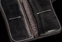 Handmade black brown leather floral Chinese dragon carved biker wallet Long wallet for men - EverHandmade