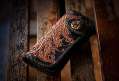 Handmade black brown leather floral Chinese dragon carved biker wallet Long wallet for men - EverHandmade