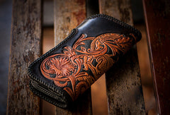 Handmade black brown leather floral Chinese dragon carved biker wallet Long wallet for men - EverHandmade