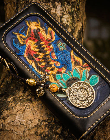 Handmade leather carp biker wallet clutch zip long wallet brown leather men phone - EverHandmade