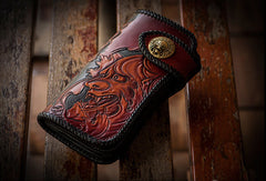 Handmade black brown leather prajna carved biker wallet Long wallet clutch for men - EverHandmade
