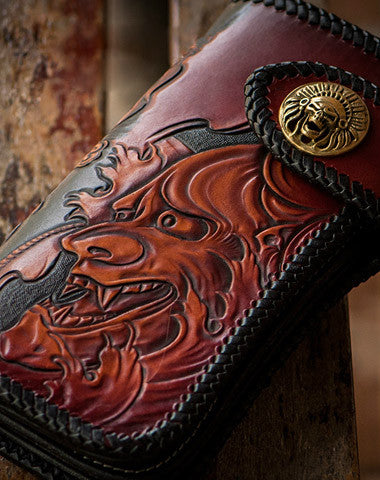 Handmade black brown leather prajna carved biker wallet Long wallet clutch for men - EverHandmade