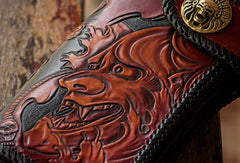 Handmade black brown leather prajna carved biker wallet Long wallet clutch for men - EverHandmade