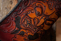Handmade black brown leather prajna carved biker wallet Long wallet clutch for men - EverHandmade