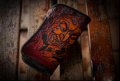 Handmade black brown leather prajna carved biker wallet Long wallet clutch for men - EverHandmade