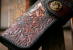 Handmade red brown leather prajna carved biker wallet Long wallet clutch for men