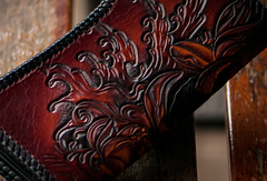 Handmade red brown leather prajna carved biker wallet Long wallet clutch for men
