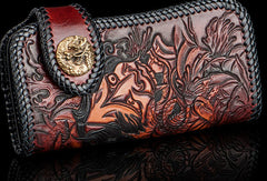 Handmade red brown leather prajna carved biker wallet Long wallet clutch for men
