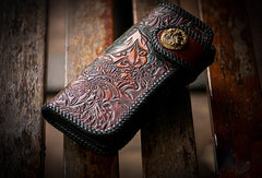 Handmade red brown leather prajna carved biker wallet Long wallet clutch for men