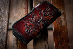 Handmade red brown leather prajna carved biker wallet Long wallet clutch for men