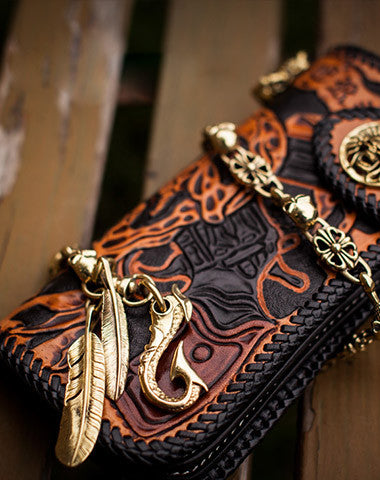 Handmade orange black coffee leather skull guns carved biker wallet Long wallet for men - EverHandmade