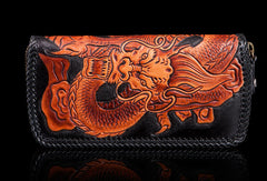 Handmade brown black leather floral Chinese dragon carved biker wallet Long wallet for men