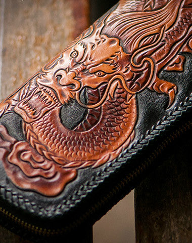 Handmade brown black leather floral Chinese dragon carved biker wallet Long wallet for men - EverHandmade
