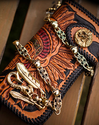 Handmade black leather indian skull carved biker wallet bifold long wallet for men - EverHandmade