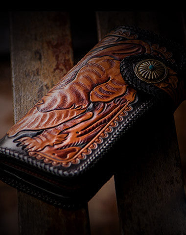 Handmade black brown leather floral tiger carved biker wallet Long wallet clutch for men