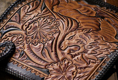 Handmade black brown leather floral tiger carved biker wallet Long wallet clutch for men - EverHandmade