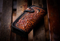 Handmade black brown leather floral tiger carved biker wallet Long wallet clutch for men - EverHandmade