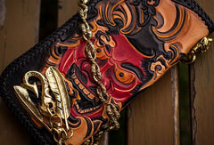 Handmade black leather Prajna Plutus carved biker wallet Long wallet clutch for men - EverHandmade