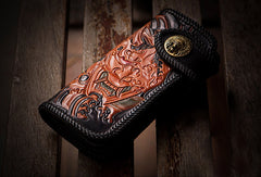 Handmade black leather Prajna Plutus carved biker wallet Long wallet clutch for men - EverHandmade