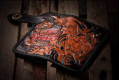 Handmade black leather Prajna Plutus carved biker wallet Long wallet clutch for men - EverHandmade