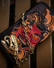 Handmade black leather Prajna Plutus carved biker wallet Long wallet clutch for men