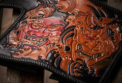Handmade black leather Prajna Plutus carved biker wallet Long wallet clutch for men - EverHandmade